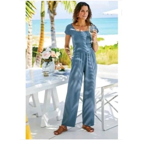 Soft Surroundings Frida Jumpsuit Smocked Wide Leg Blue Pockets Med Tall Beachy - Picture 1 of 8